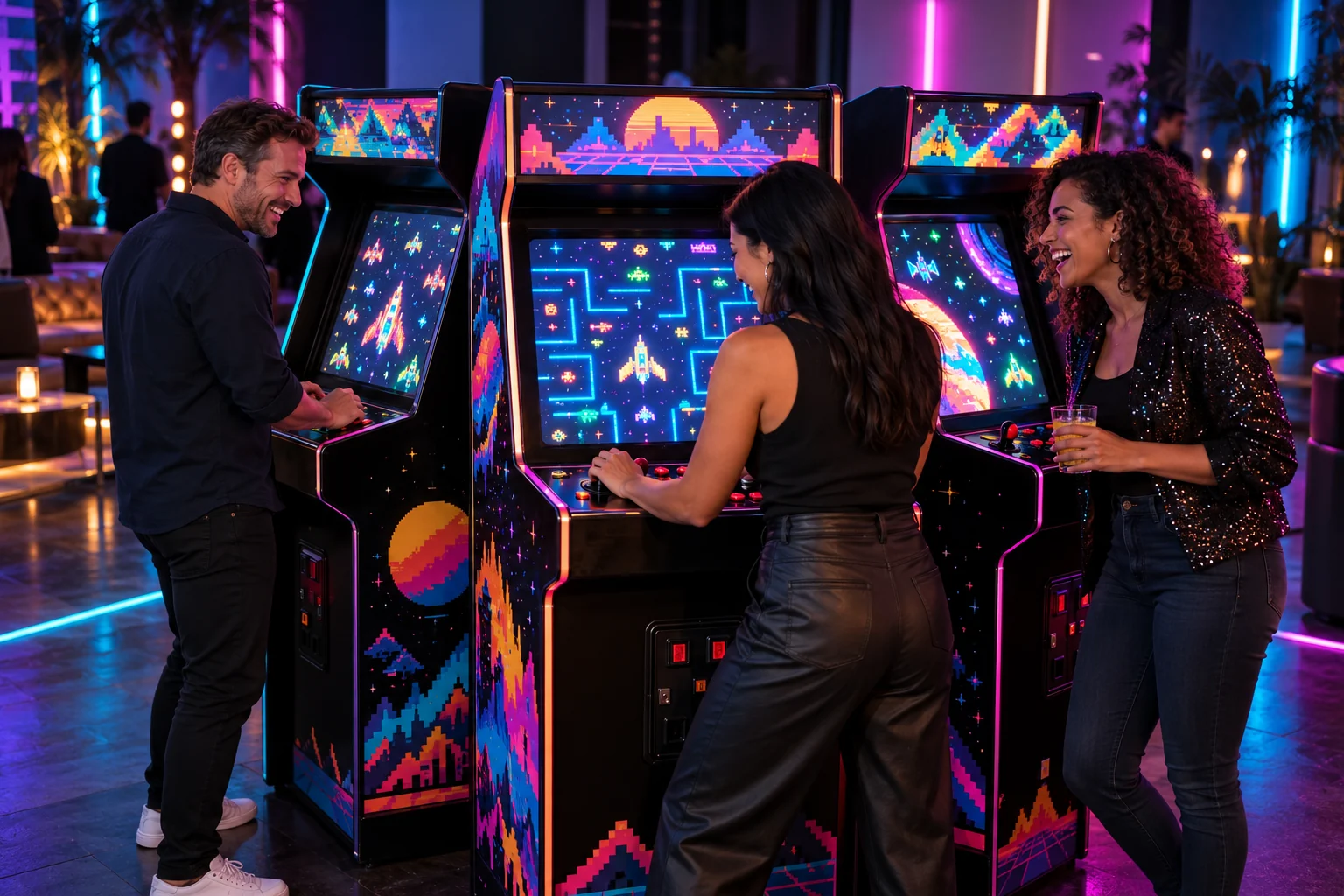Guests at retro arcade cabinets under pink and blue lighting