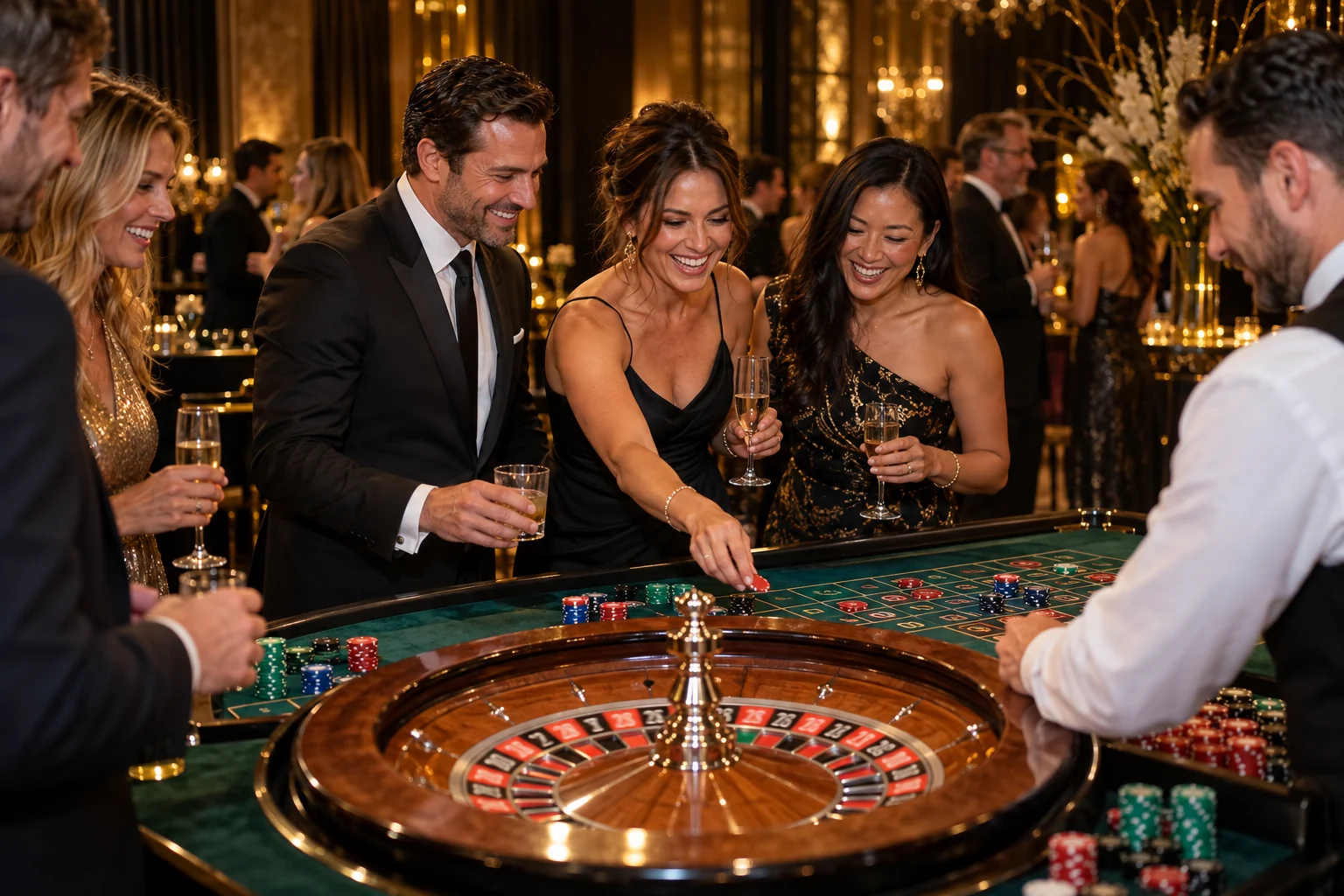 Adult guests gathered around a roulette table with a croupier
