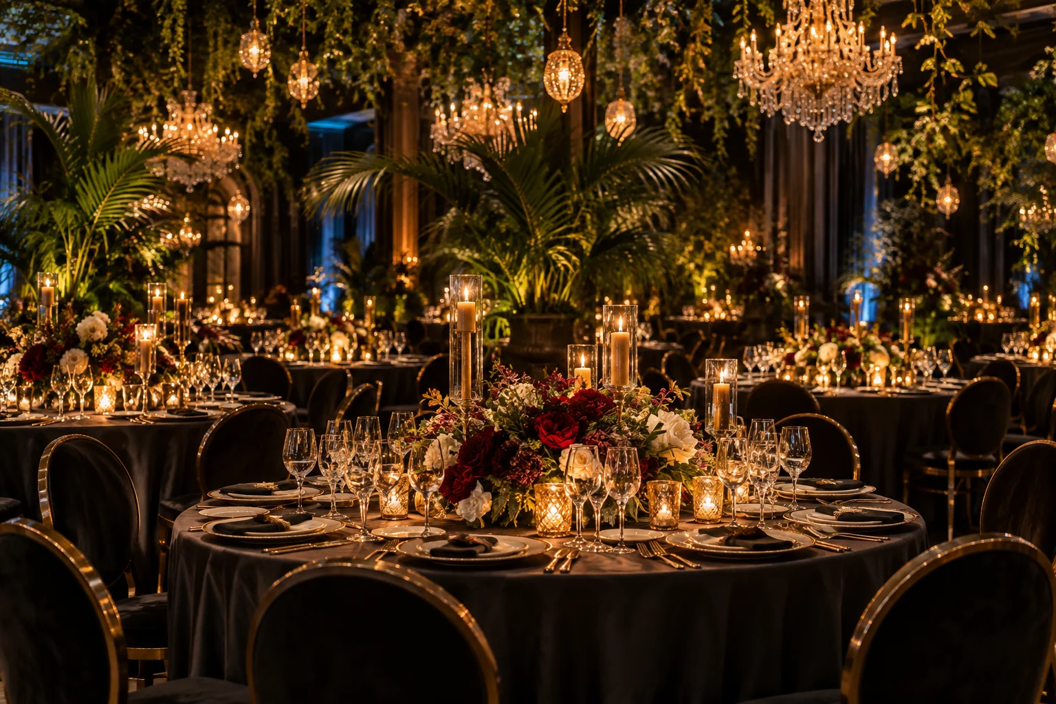 Dining tables with golden lighting, flowers and hanging greenery