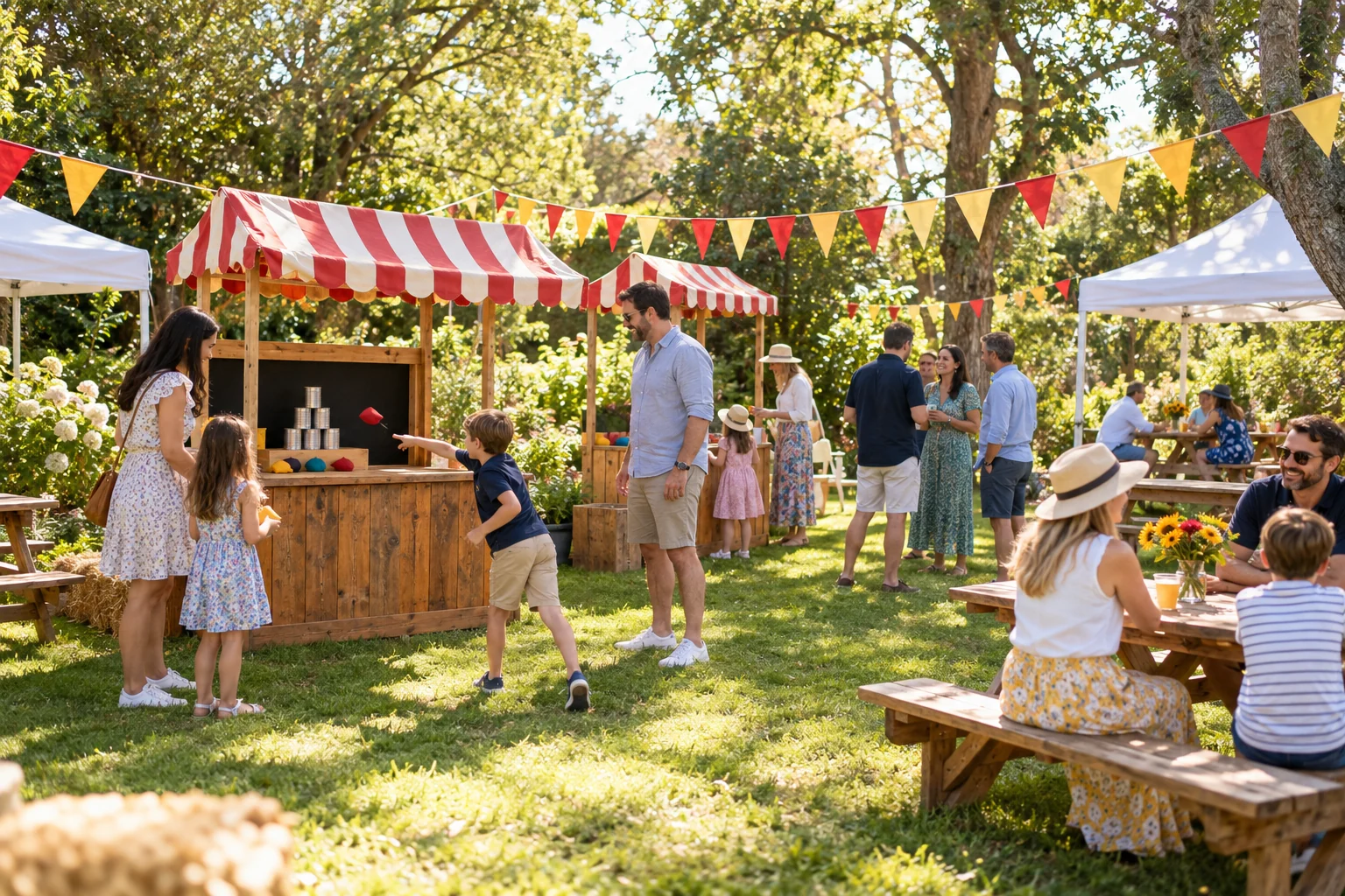 Colourful outdoor festival stalls with bunting and picnic seating