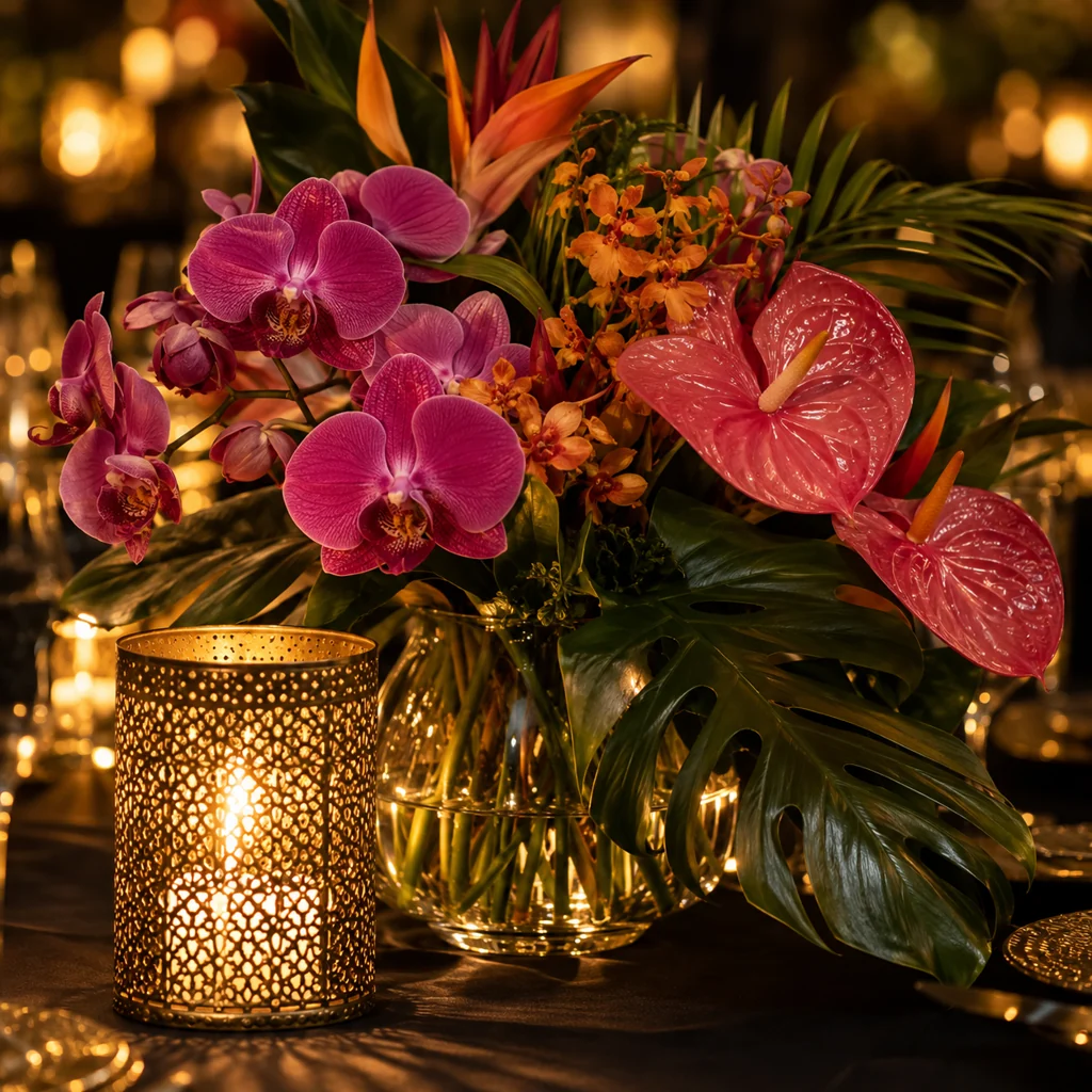 Pink flowers and green foliage beside a glowing gold lantern