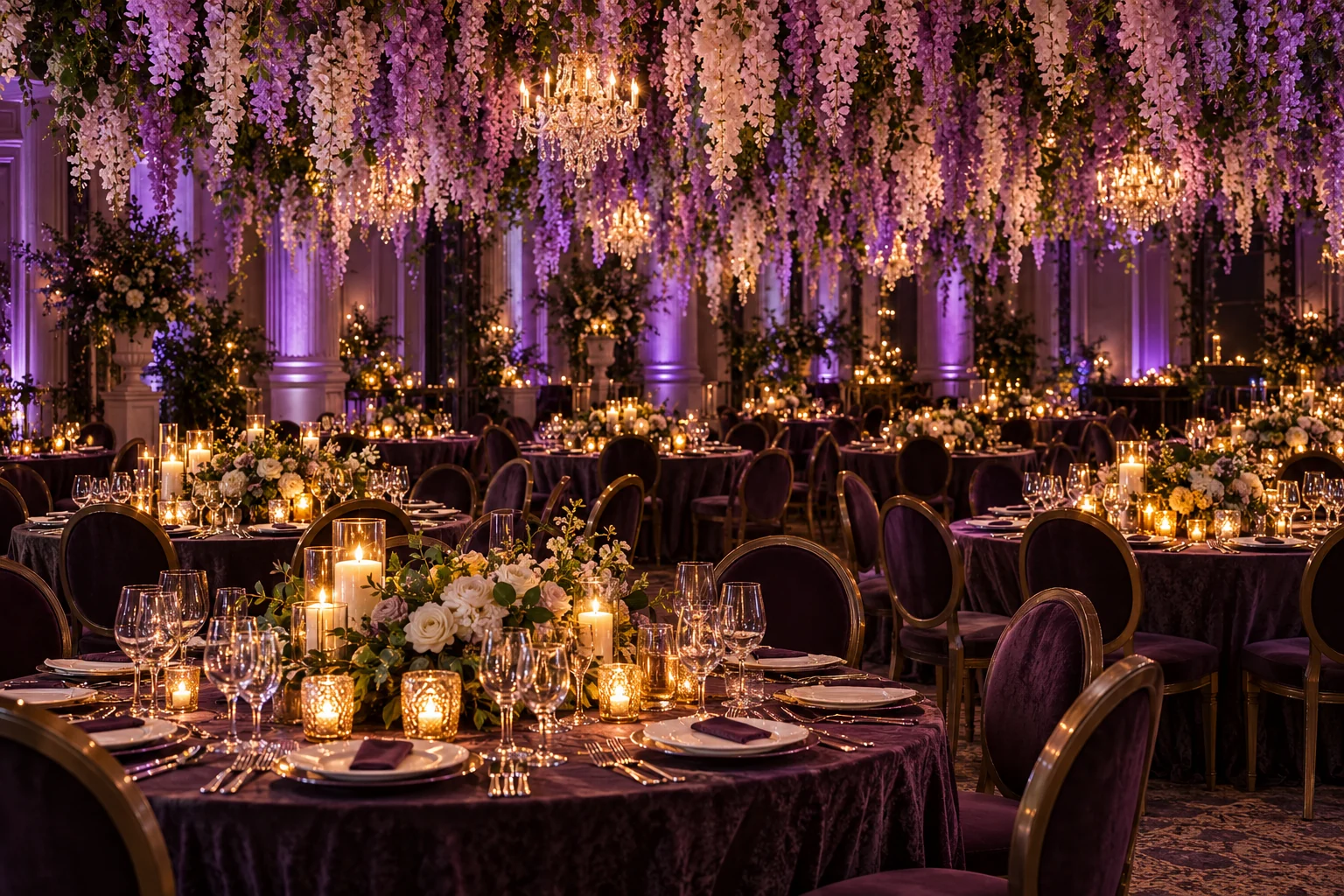 Gala tables beneath cascading flowers and purple feature lighting