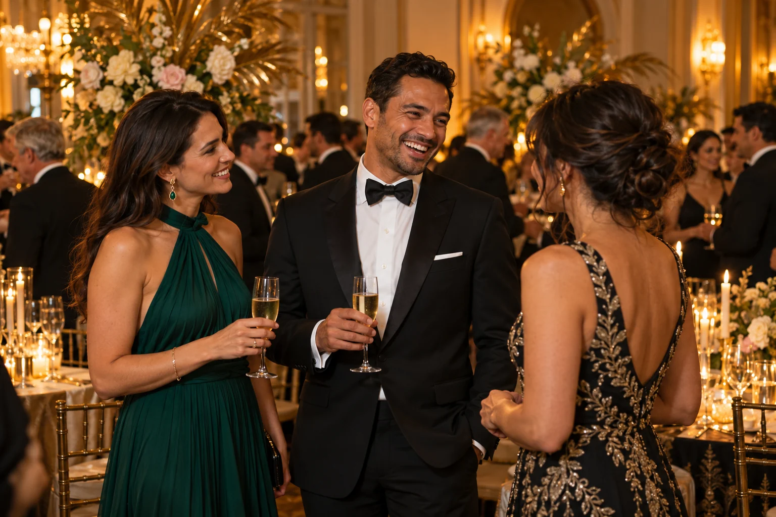 Guests talking in formal evening wear at a candlelit gala