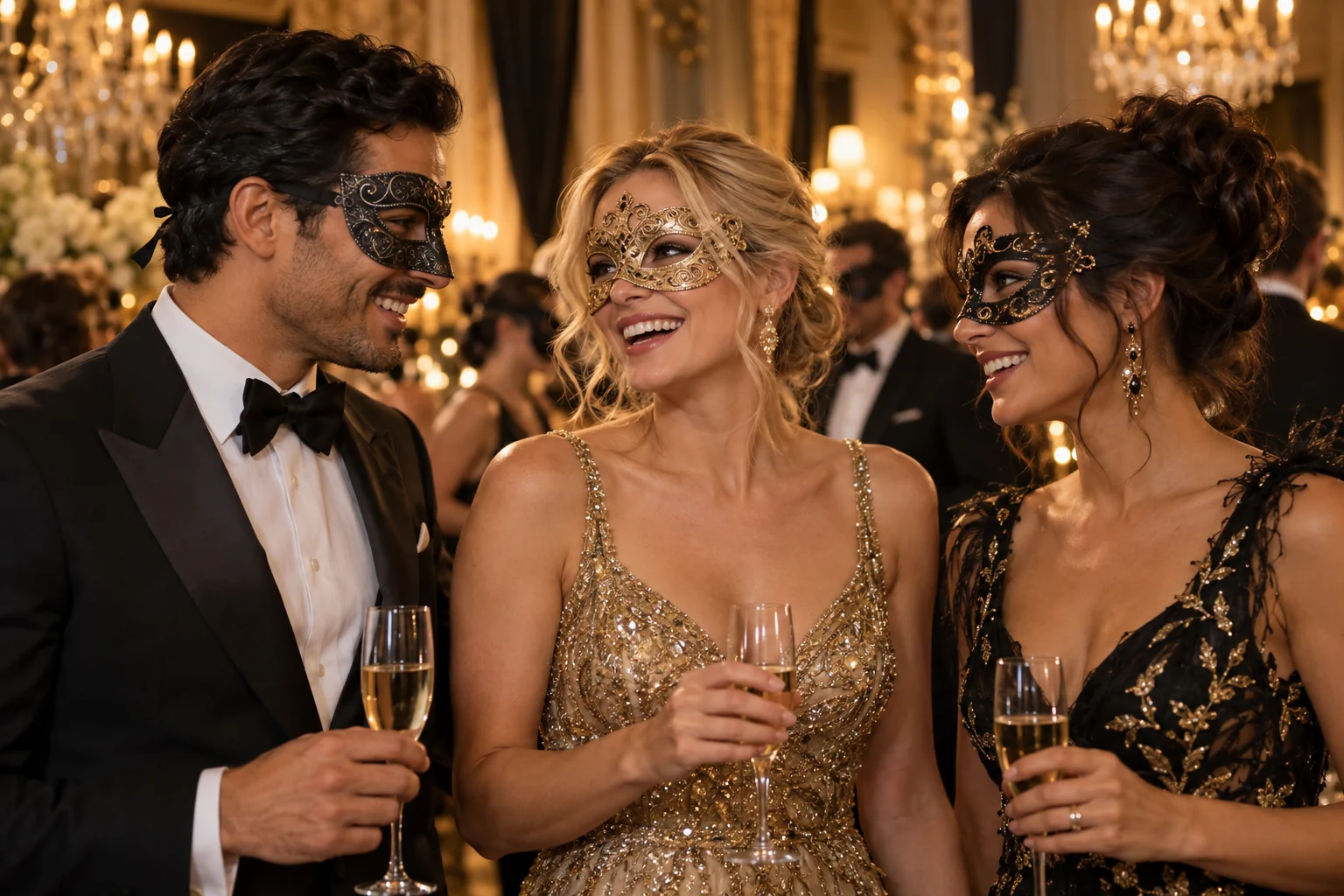 Guests wearing elegant masks at a masquerade evening