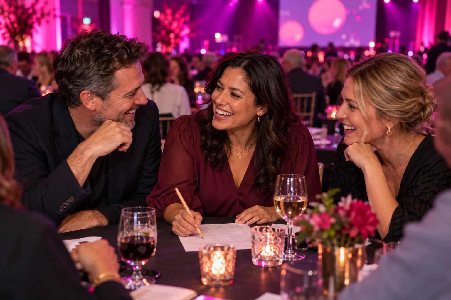 A team discussing their answers during a quiz night