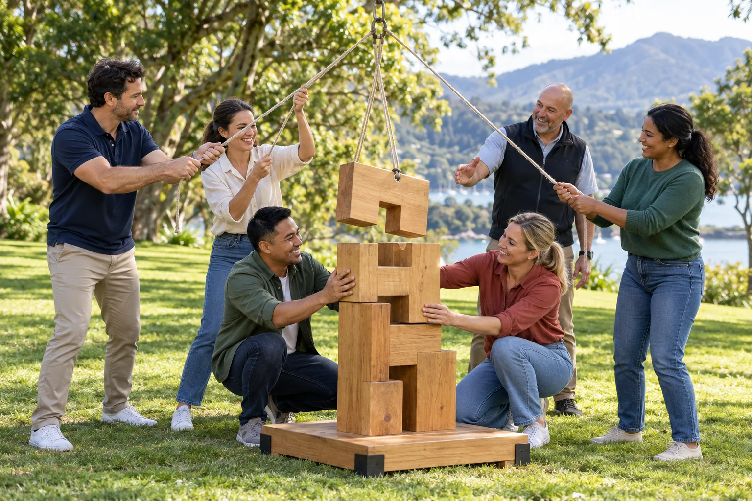 Colleagues working together on a wooden outdoor team challenge